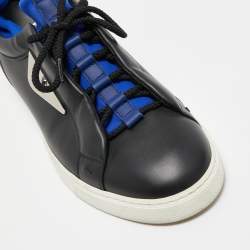Pre Owned Fendi Black/Blue Leather and Neoprene Monster Trainer Low Top Sneakers Size 43
