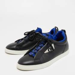 Pre Owned Fendi Black/Blue Leather and Neoprene Monster Trainer Low Top Sneakers Size 43