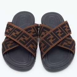 Pre Owned Fendi Brown/Black Zucca Canvas Crisscross Slide Sandals Size 41