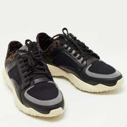 Fendi Black/Brown Leather and Zucca Canvas Low Top Sneakers Size 44