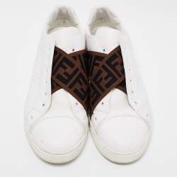 Pre Owned Fendi White Leather FF Crisscross Strap Slip On Sneakers Size 43.5