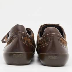 Pre Owned Fendi Brown Zucca Canvas and Leather Trim Lace Up Sneakers Size 45