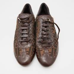 Pre Owned Fendi Brown Zucca Canvas and Leather Trim Lace Up Sneakers Size 45