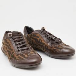 Pre Owned Fendi Brown Zucca Canvas and Leather Trim Lace Up Sneakers Size 45