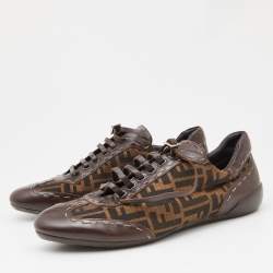 Pre Owned Fendi Brown Zucca Canvas and Leather Trim Lace Up Sneakers Size 45