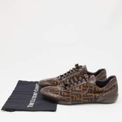 Pre Owned Fendi Brown Zucca Canvas and Leather Trim Lace Up Sneakers Size 45