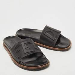 Fendi Black Rubber Logo Flat Slides Size 43