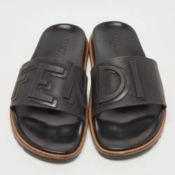 Fendi Black Rubber Logo Flat Slides Size 43