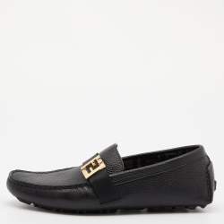 Fendi Black Leather FF Logo Slip On Loafers Size 40