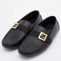 Fendi Black Leather FF Logo Slip On Loafers Size 40