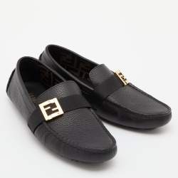 Fendi Black Leather FF Logo Slip On Loafers Size 40