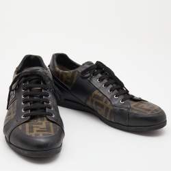 Pre Owned Fendi Brown/Black Zucca Canvas and Leather Low Top Sneakers Size 45