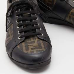 Pre Owned Fendi Brown/Black Zucca Canvas and Leather Low Top Sneakers Size 45