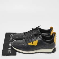 Pre Owned Fendi Black/Yellow Leather Monster Eyes Studded Low Top Sneakers Size 45
