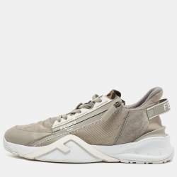 Fendi Grey Leather and Zucca Canvas Flow Sneakers Size 45