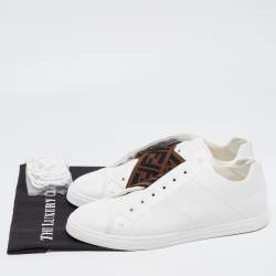 Pre Owned Fendi White/Brown Leather and Zucca Elastic Band Slip On Sneakers Size 45