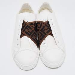 Pre Owned Fendi White/Brown Leather and Zucca Elastic Band Slip On Sneakers Size 45