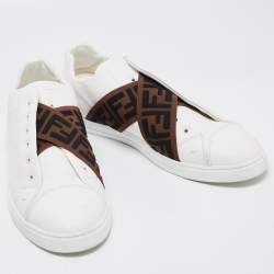 Pre Owned Fendi White/Brown Leather and Zucca Elastic Band Slip On Sneakers Size 45