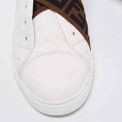 Pre Owned Fendi White/Brown Leather and Zucca Elastic Band Slip On Sneakers Size 45