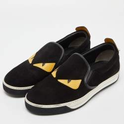 Fendi Black/Yellow Suede and Leather Monster Eyes Slip On Sneakers Size 44