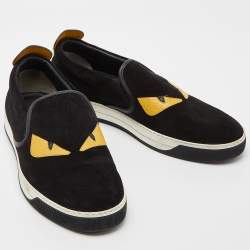 Fendi Black/Yellow Suede and Leather Monster Eyes Slip On Sneakers Size 44