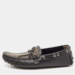 Fendi Black/Brown Leather and Zucca Canvas Bow Loafers Size 44