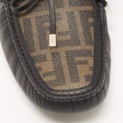 Fendi Black/Brown Leather and Zucca Canvas Bow Loafers Size 44