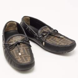 Fendi Black/Brown Leather and Zucca Canvas Bow Loafers Size 44