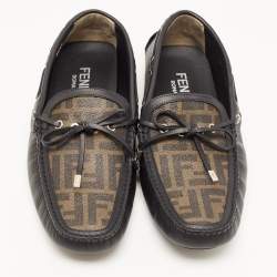 Fendi Black/Brown Leather and Zucca Canvas Bow Loafers Size 44