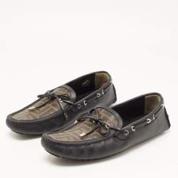 Fendi Black/Brown Leather and Zucca Canvas Bow Loafers Size 44