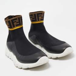 Fendi Brown/Black Knit Fabric FF Sock High Top Sneakers Size 43
