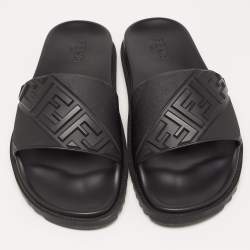 Fendi Black Rubber Embossed FF Logo Slides Size 46