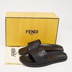 Fendi Black Rubber Embossed FF Logo Slides Size 46