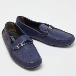 Fendi Blue Leather FF Logo Slip On Loafers Size 43