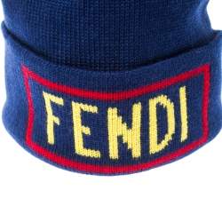Fendi Blue Logo Intarsia Knit Wool Beanie ( One Size )