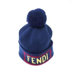 Fendi Blue Logo Intarsia Knit Wool Beanie ( One Size )