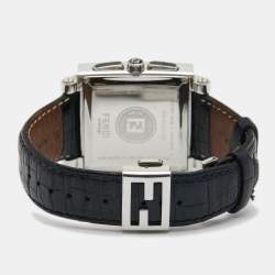 Pre Owned Fendi Black Stainless Steel Ceramic Leather Quadro 6500G Men's Wristwatch 39 mm