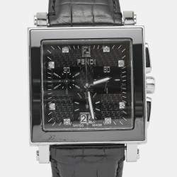 Pre Owned Fendi Black Stainless Steel Ceramic Leather Quadro 6500G Men's Wristwatch 39 mm
