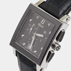 Pre Owned Fendi Black Stainless Steel Ceramic Leather Quadro 6500G Men's Wristwatch 39 mm