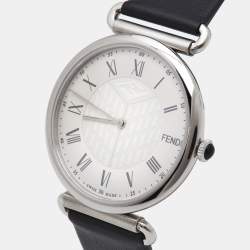 Pre Owned Fendi Silver Stainless Steel Leather Palazzo F0W909-A2YAF0QZ1 Men's Wristwatch 41 mm