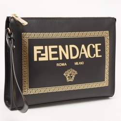 Fendi x Versace Black Leather Logo Wristlet Zip Pouch
