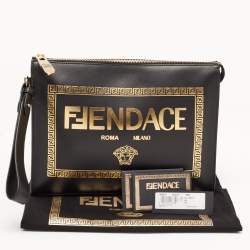 Fendi x Versace Black Leather Logo Wristlet Zip Pouch