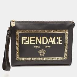 Fendi x Versace Black Leather Logo Wristlet Zip Pouch