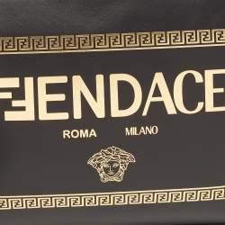 Fendi x Versace Black Leather Logo Wristlet Zip Pouch