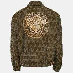 Fendi X Versace Brown Embellished Zucca FF Logo Jacquard Trucker Jacket L