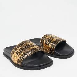Pre Owned Fendi x Versace Gold Metal and Leather Flat Slides Size 40