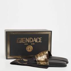 Fendi x Versace Gold Metal and Leather Flat Slides Size 40