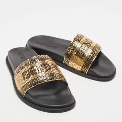 Fendi x Versace Gold Metal and Leather Flat Slides Size 40