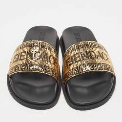 Fendi x Versace Gold Metal and Leather Flat Slides Size 40