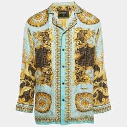 Pre Owned Fendace Aqua Blue Baroque Print Silk Pajama Shirt S  
